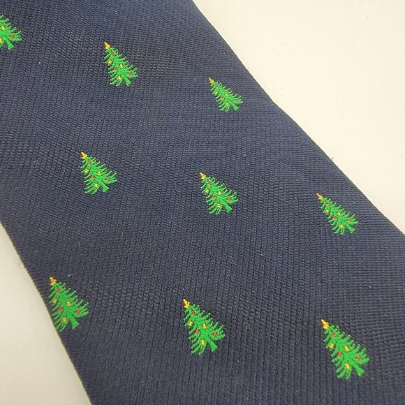 Vintage Christmas Tree Tie Works 100% Polyester Navy Blue Mercer Wenzel Holiday - Picture 2 of 5
